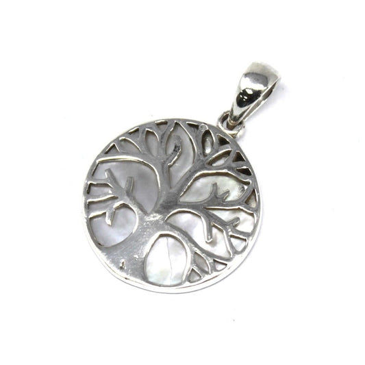 Polished Tree of Life Silver Pendant 22mm - Mother of Pearl featuring natural patterning and unique variations - Positive Faith Hope Love