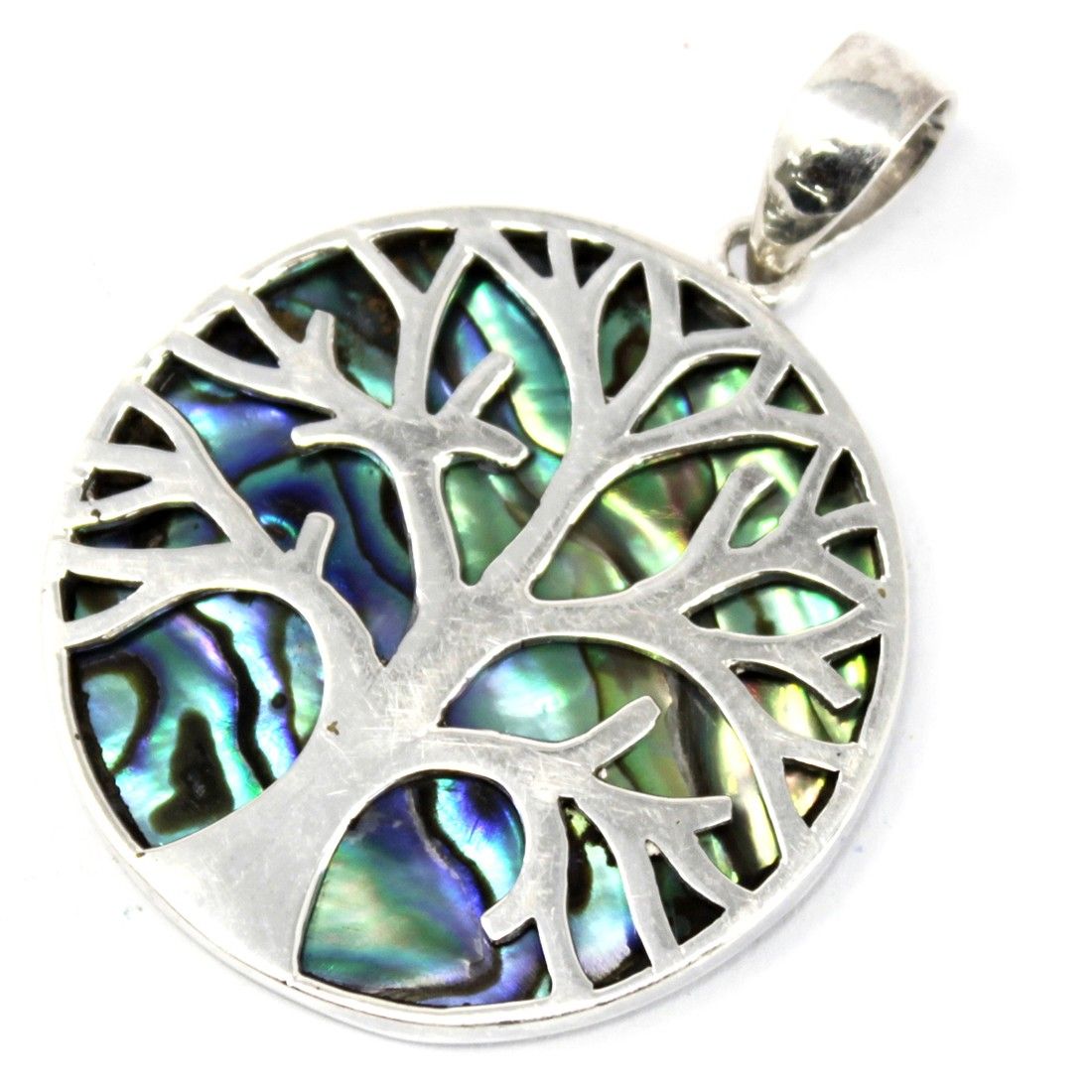 Polished Tree of Life Silver Pendant 30mm - Abalone featuring natural patterning and unique variations - Positive Faith Hope Love