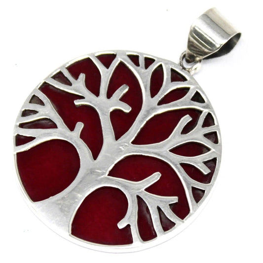 Polished Tree of Life Silver Pendant 30mm - Coral Effect featuring natural patterning and unique variations - Positive Faith Hope Love