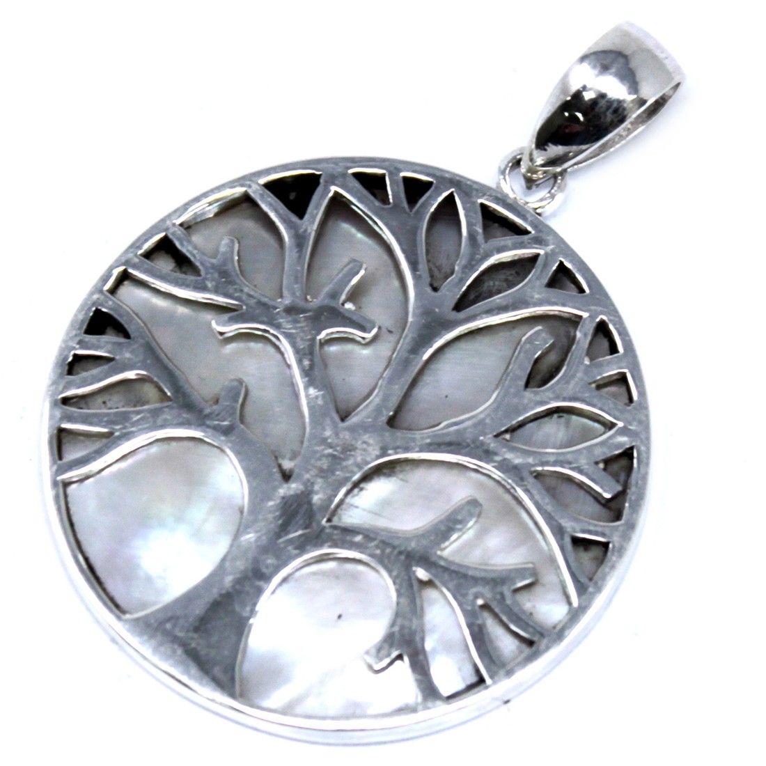 Polished Tree of Life Silver Pendant 30mm - Mother of Pearl featuring natural patterning and unique variations - Positive Faith Hope Love
