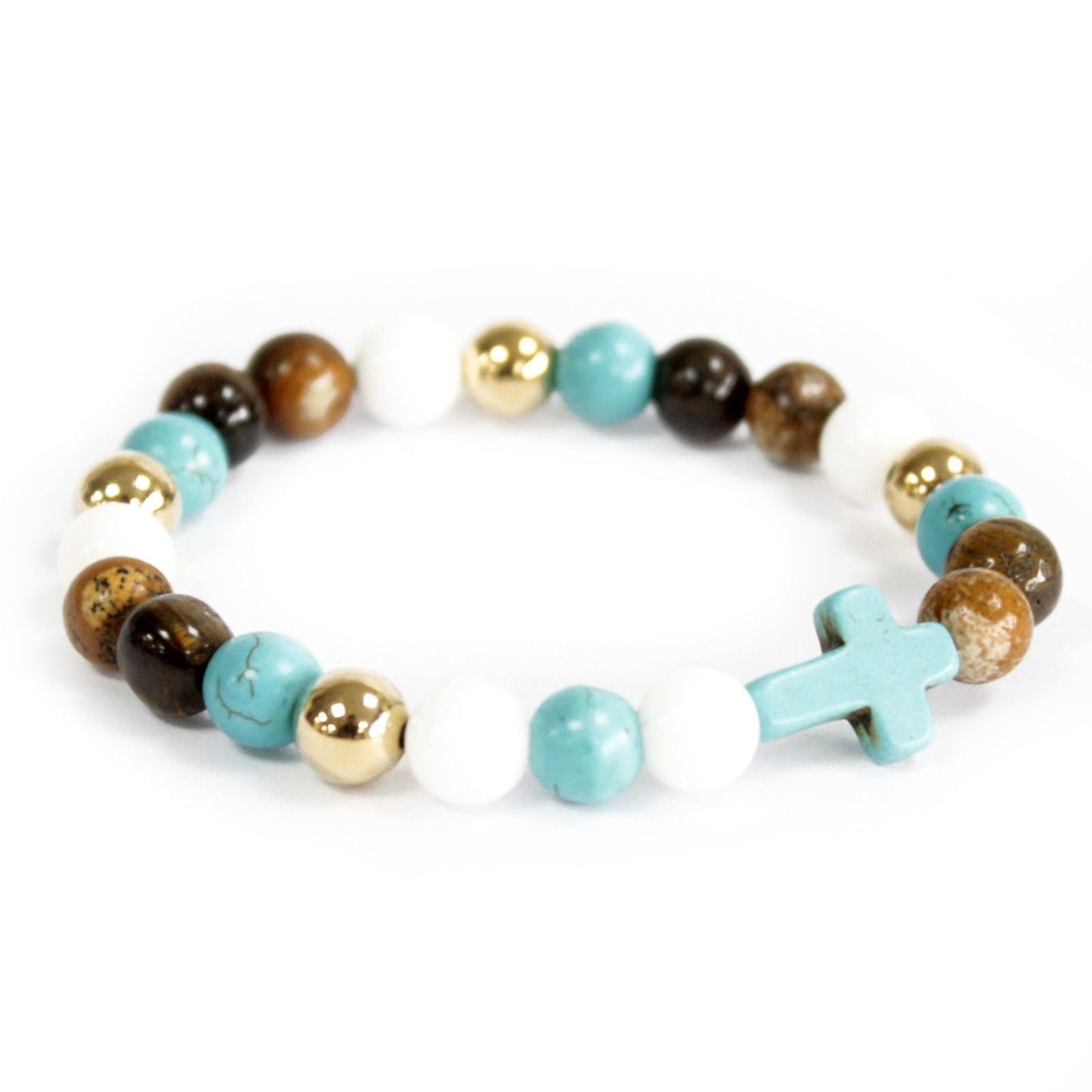 Polished Turquoise Cross / Royal Beads - Gemstone Bracelet featuring natural patterning and unique variations - Positive Faith Hope Love