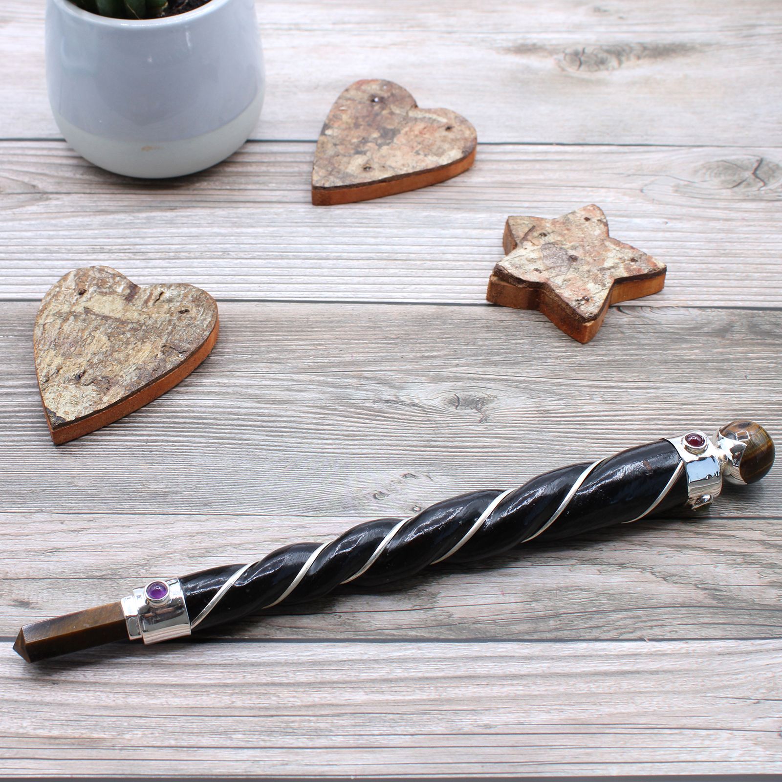 Polished Twisted Healing Wand Copper Tiger Eye Star featuring natural patterning and unique variations - Positive Faith Hope Love