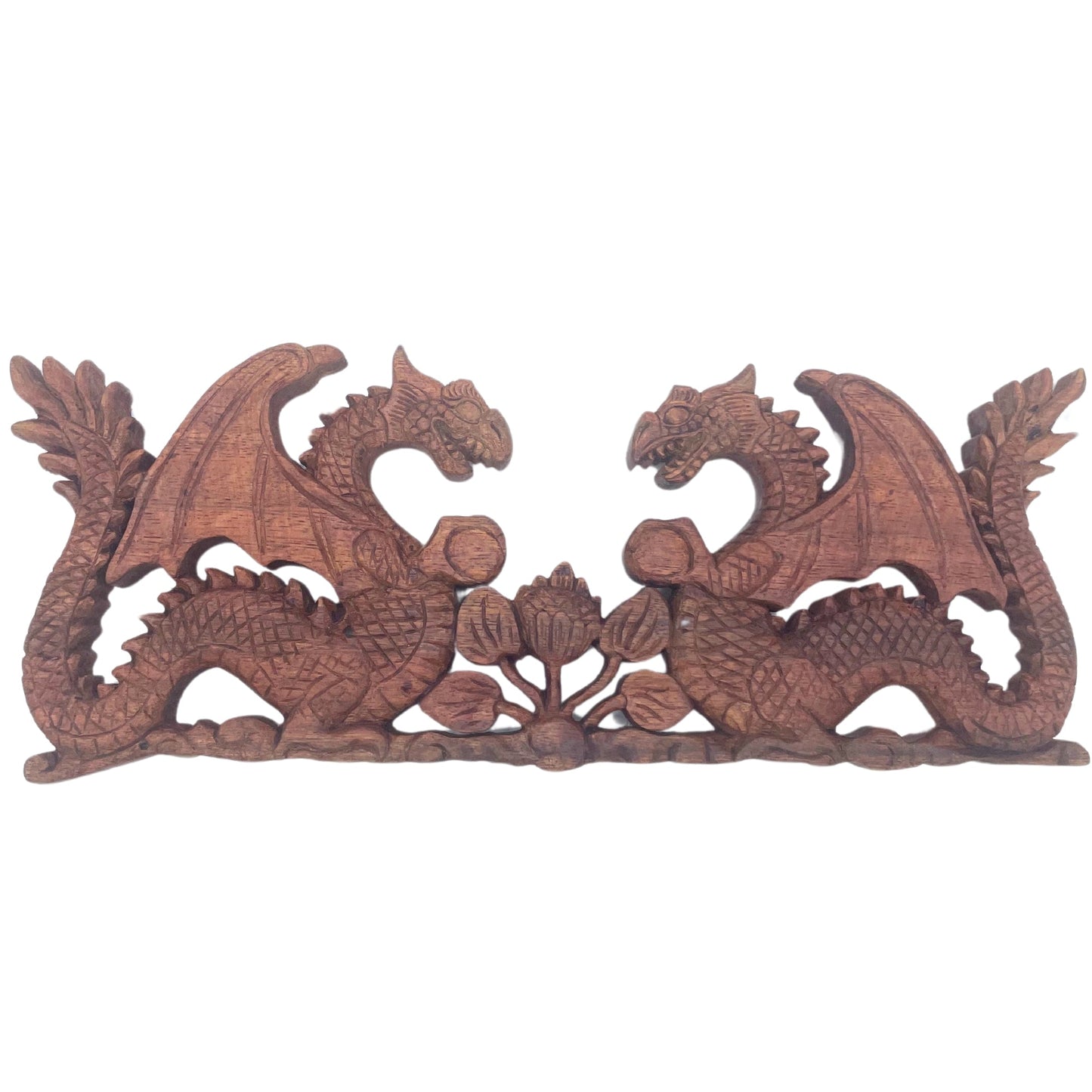 Two Facing Dragon Plaque Carving - 40x15cm - Positive Faith Hope Love