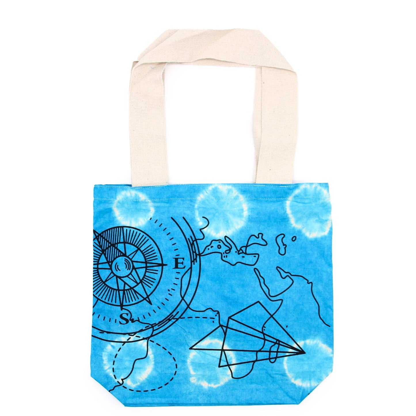 Polished Tye-Dye Cotton Bag (6oz) - 38x42x12cm - Compass - Blue - Natural Handle featuring natural patterning and unique variations - Positive Faith Hope Love