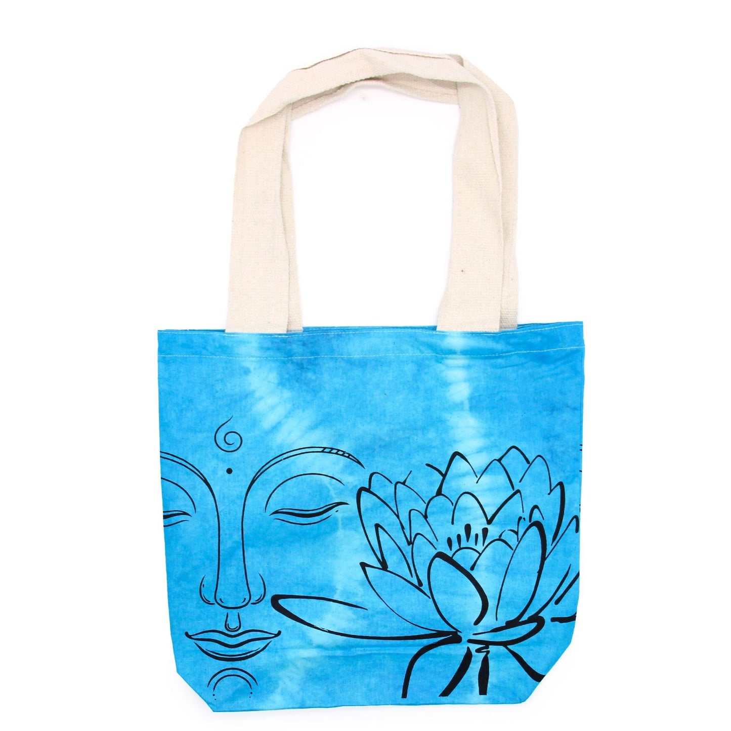 Polished Tye-Dye Cotton Bag (6oz) - 38x42x12cm - Lotus Buddha - Blue - Natural Handle featuring natural patterning and unique variations - Positive Faith Hope Love