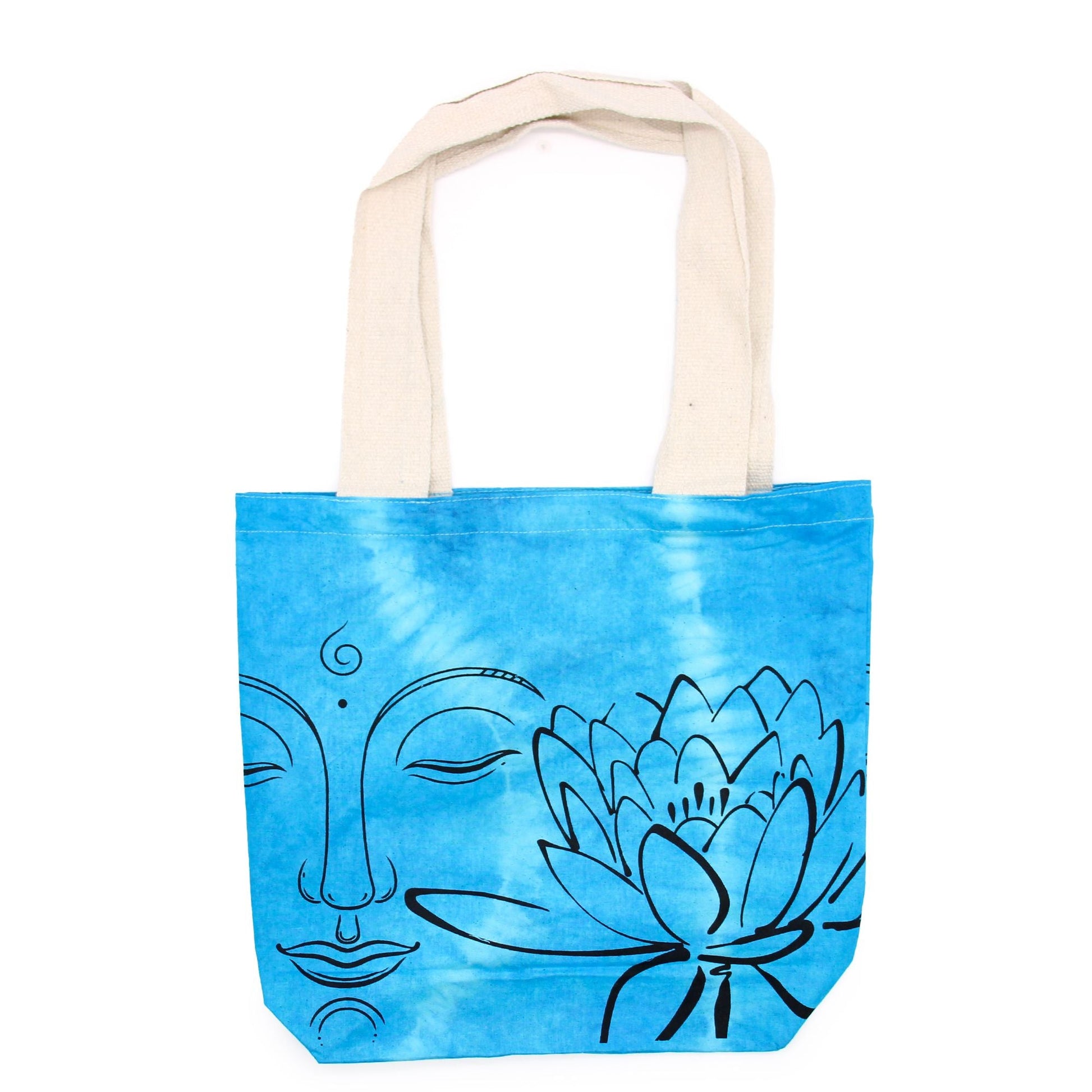 Polished Tye-Dye Cotton Bag (6oz) - 38x42x12cm - Lotus Buddha - Blue - Natural Handle featuring natural patterning and unique variations - Positive Faith Hope Love
