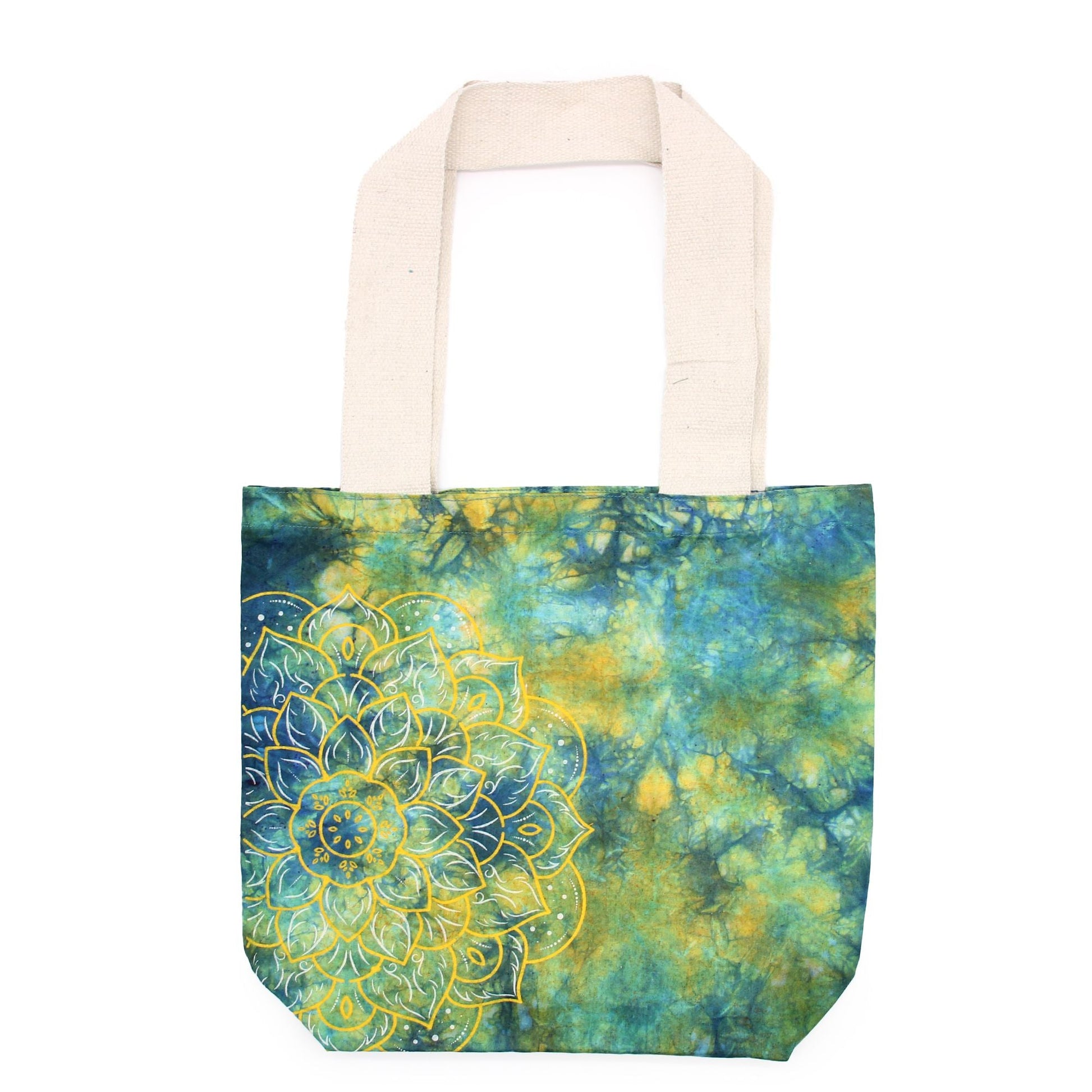 Polished Tye-Dye Cotton Bag (6oz) - 38x42x12cm - Mandela - Green/Blue - Natural Handle featuring natural patterning and unique variations - Positive Faith Hope Love