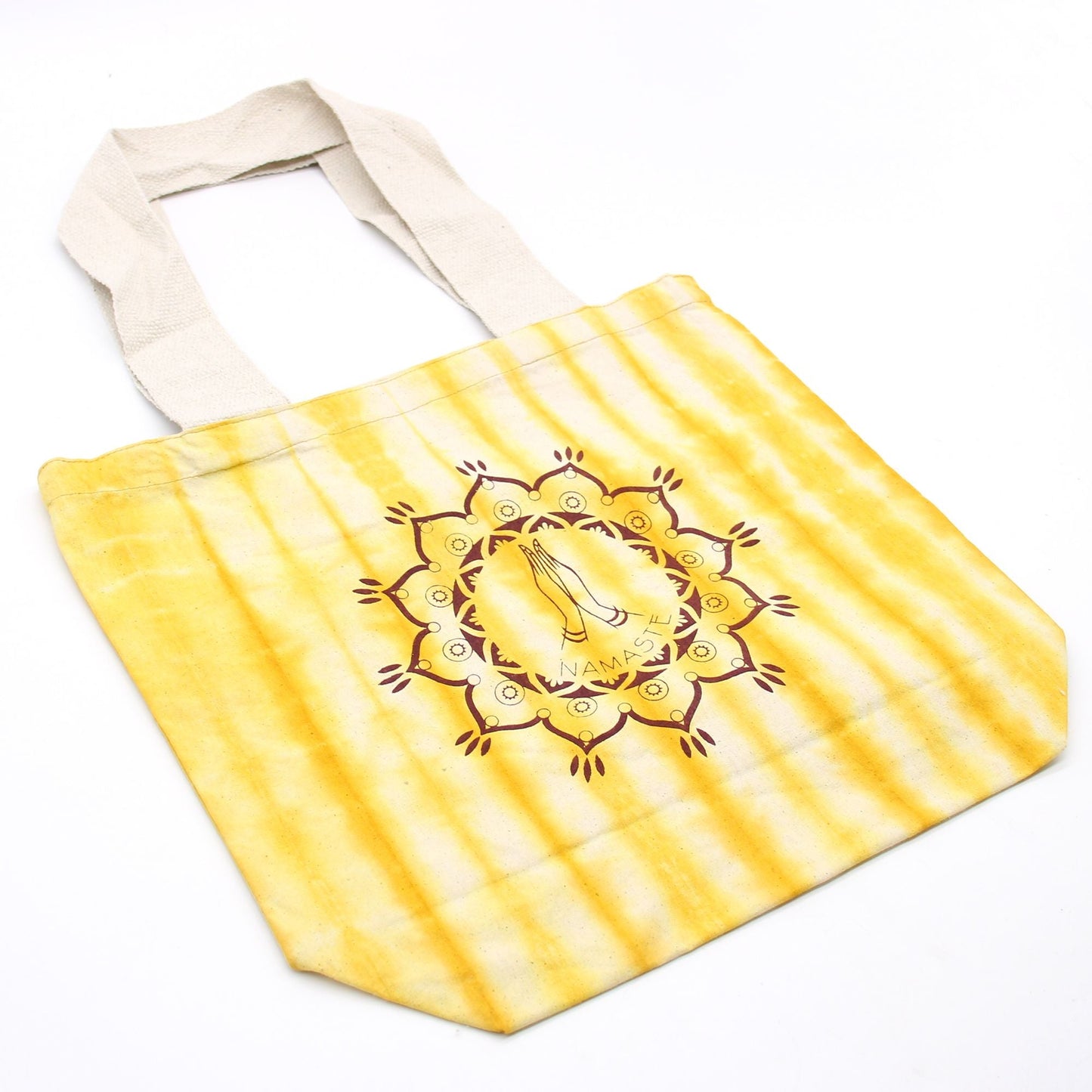 Polished Tye Dye Cotton Bag 6Oz 38X42X12Cm Namaste Hands Yellow Natural Handle featuring natural patterning and unique variations - Positive Faith Hope Love