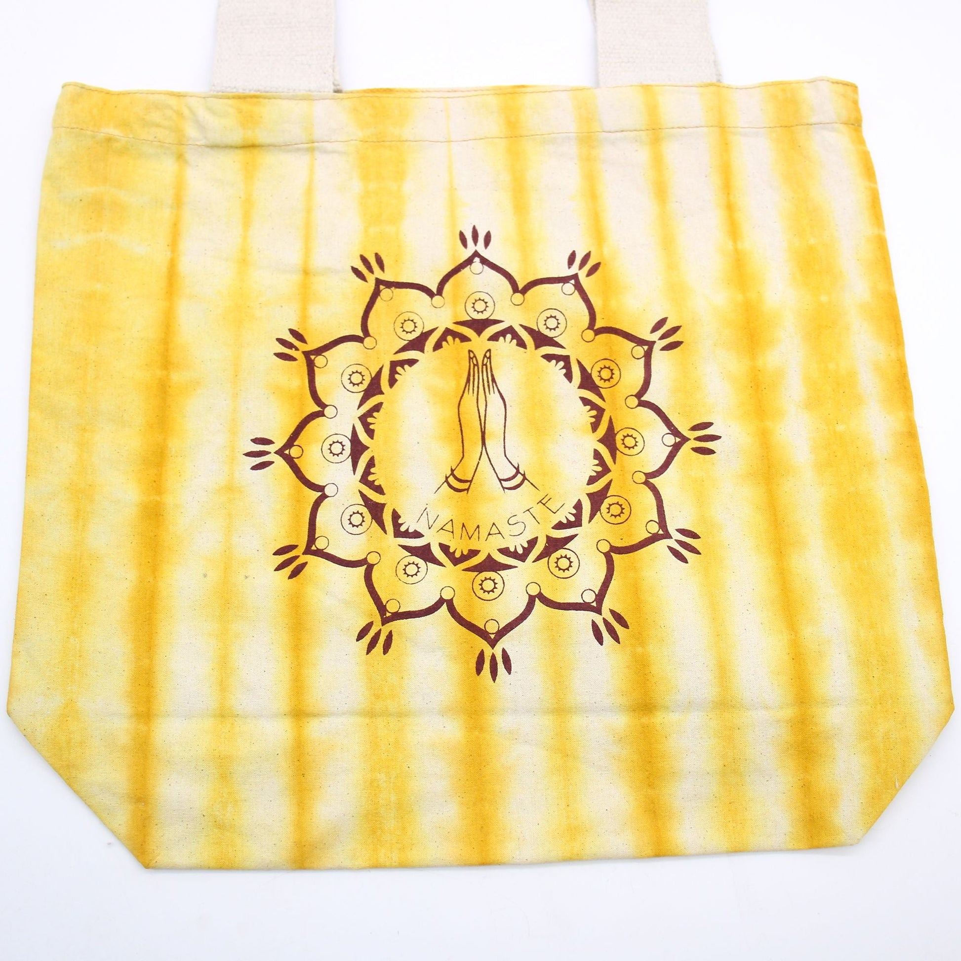 Polished Tye Dye Cotton Bag 6Oz 38X42X12Cm Namaste Hands Yellow Natural Handle featuring natural patterning and unique variations - Positive Faith Hope Love