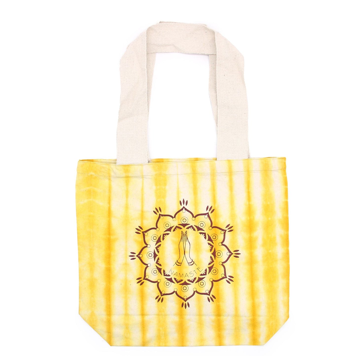 Polished Tye-Dye Cotton Bag (6oz) - 38x42x12cm - Namaste Hands - Yellow - Natural Handle featuring natural patterning and unique variations - Positive Faith Hope Love