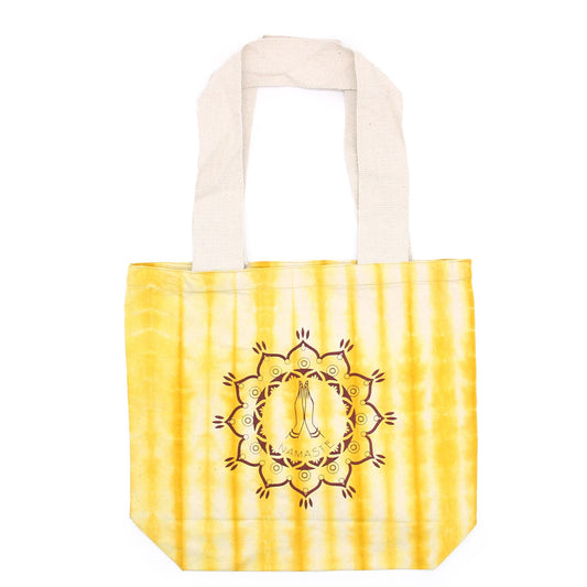 Polished Tye-Dye Cotton Bag (6oz) - 38x42x12cm - Namaste Hands - Yellow - Natural Handle featuring natural patterning and unique variations - Positive Faith Hope Love
