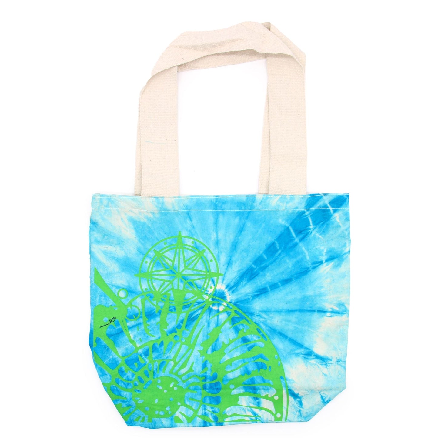 Polished Tye-Dye Cotton Bag (6oz) - 38x42x12cm - Sea Shell - Blue/Green - Green Handle featuring natural patterning and unique variations - Positive Faith Hope Love