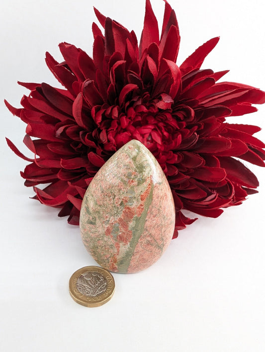 Polished Unakite Crystal Flame 80Mm featuring green and pink mottled pattern - Positive Faith Hope Love