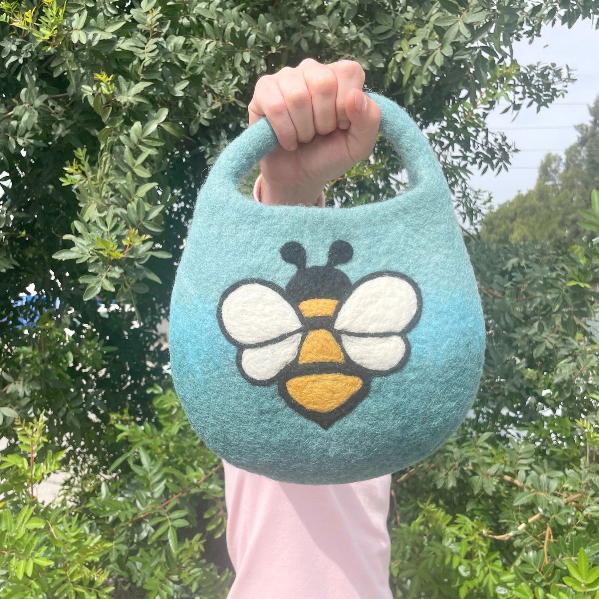 Polished Water Felted Bee Bag One Handle With Magnet Blue Green featuring natural patterning and unique variations - Positive Faith Hope Love