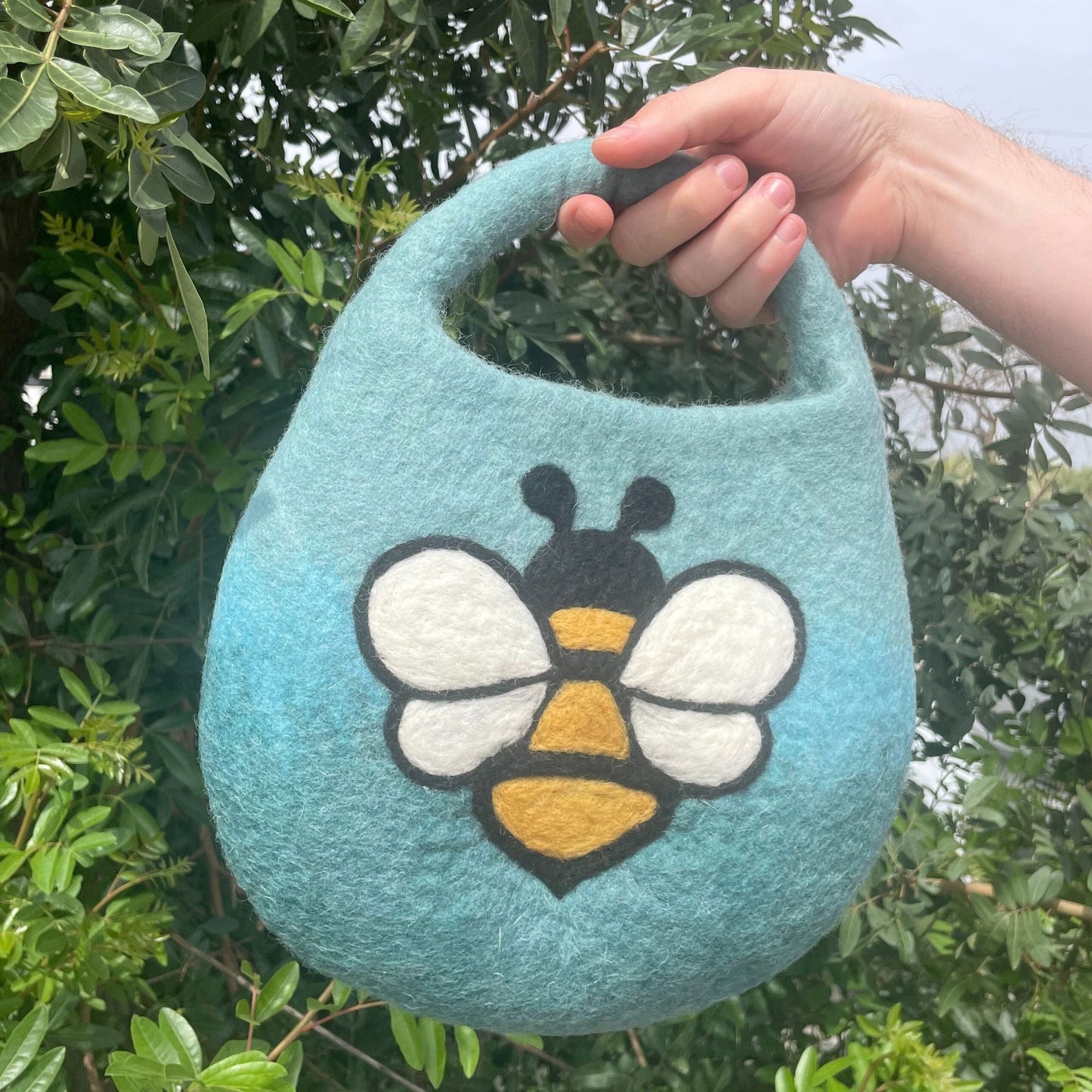 Polished Water Felted Bee Bag - One Handle with Magnet - Blue Green featuring natural patterning and unique variations - Positive Faith Hope Love