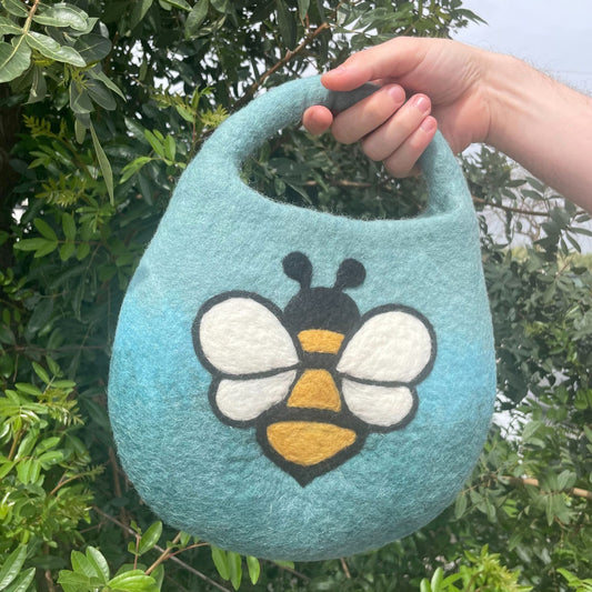 Polished Water Felted Bee Bag - One Handle with Magnet - Blue Green featuring natural patterning and unique variations - Positive Faith Hope Love