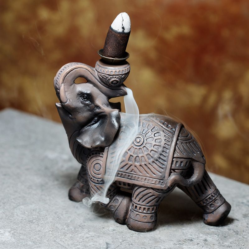 Wood Effect Elephant Backflow Incense Burner - Positive Faith Hope Love