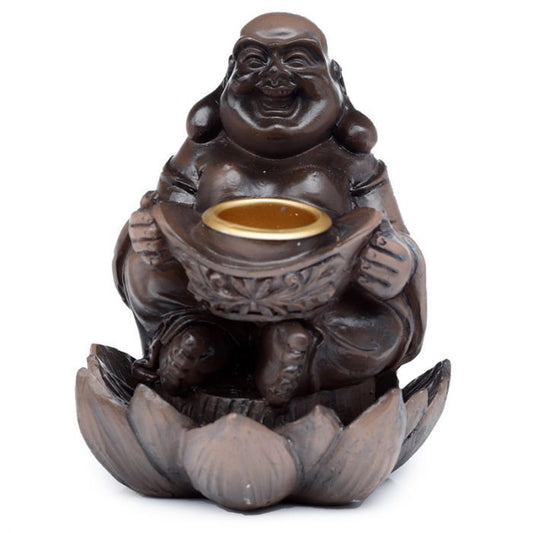 Polished Wood Effect Lucky Buddha Backflow Incense Burner featuring natural patterning and unique variations - Positive Faith Hope Love