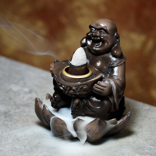 Polished Wood Effect Lucky Buddha Backflow Incense Burner featuring natural patterning and unique variations - Positive Faith Hope Love