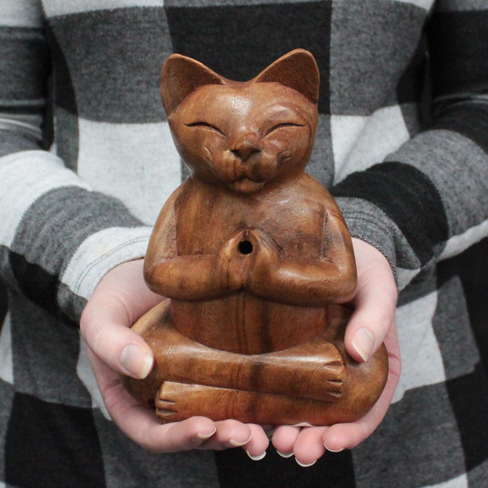 Polished Wooden Carved Incense Burners Lrg Yoga Cat featuring natural patterning and unique variations - Positive Faith Hope Love