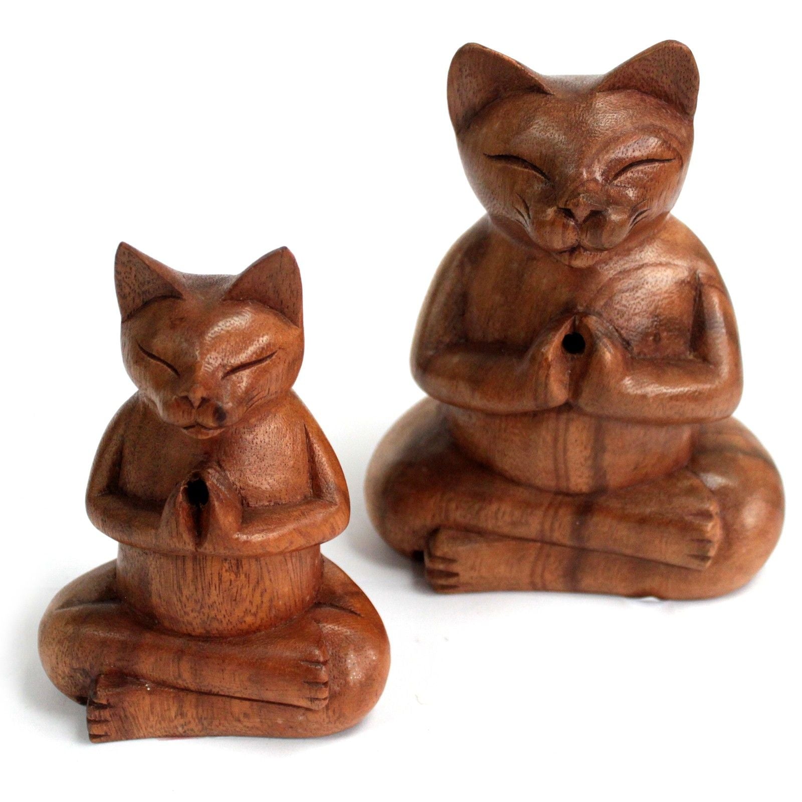 Polished Wooden Carved Incense Burners Lrg Yoga Cat featuring natural patterning and unique variations - Positive Faith Hope Love