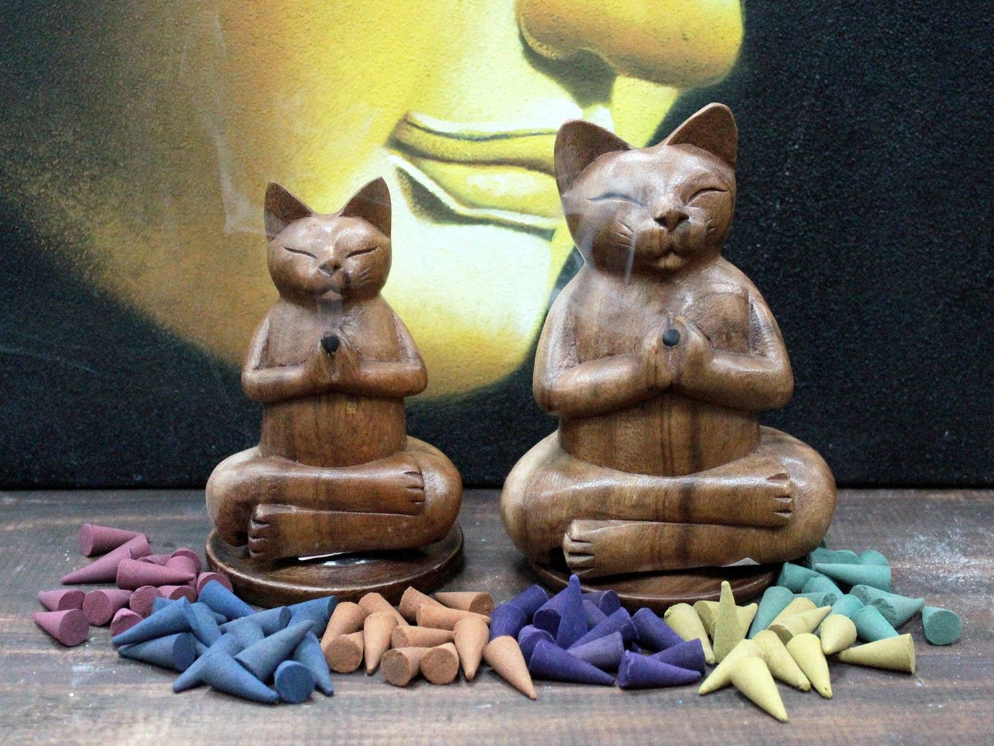Polished Wooden Carved Incense Burners Lrg Yoga Cat featuring natural patterning and unique variations - Positive Faith Hope Love