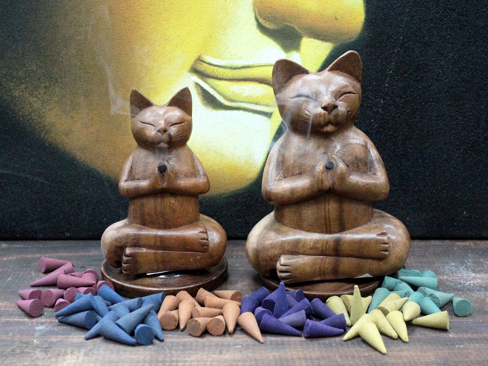Polished Wooden Carved Incense Burners Lrg Yoga Cat featuring natural patterning and unique variations - Positive Faith Hope Love