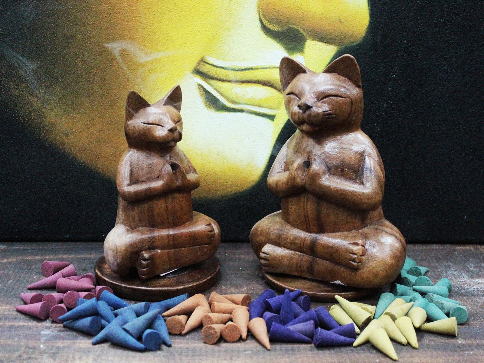 Polished Wooden Carved Incense Burners Lrg Yoga Cat featuring natural patterning and unique variations - Positive Faith Hope Love