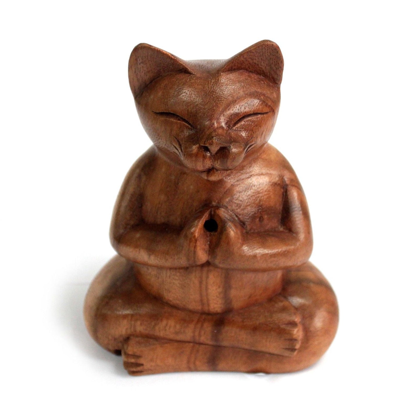 Polished Wooden Carved Incense Burners - Lrg Yoga Cat featuring natural patterning and unique variations - Positive Faith Hope Love