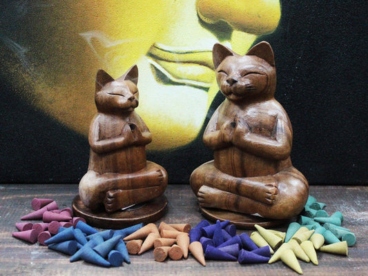 Polished Wooden Carved Incense Burners Med Yoga Cat featuring natural patterning and unique variations - Positive Faith Hope Love