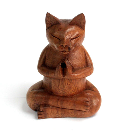Polished Wooden Carved Incense Burners - Med Yoga Cat featuring natural patterning and unique variations - Positive Faith Hope Love