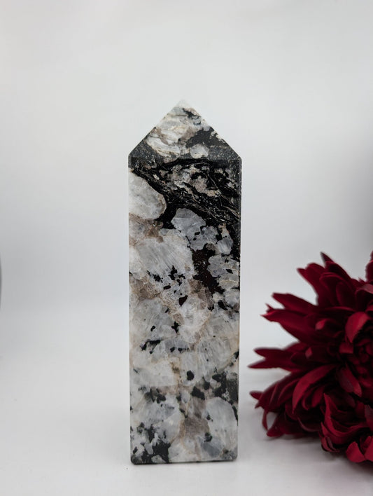 Polished Xl Rainbow Moonstone Obelisk Tower 1470G featuring pearly adularescence and soft sheen - Positive Faith Hope Love