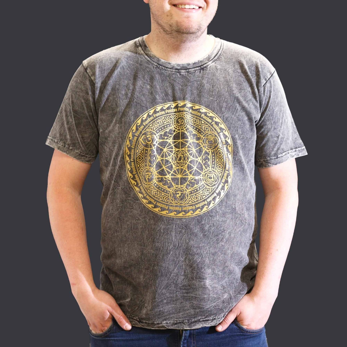Polished Xlarge Stone Washed T Shirt Chakra Dark Grey featuring natural patterning and unique variations - Positive Faith Hope Love