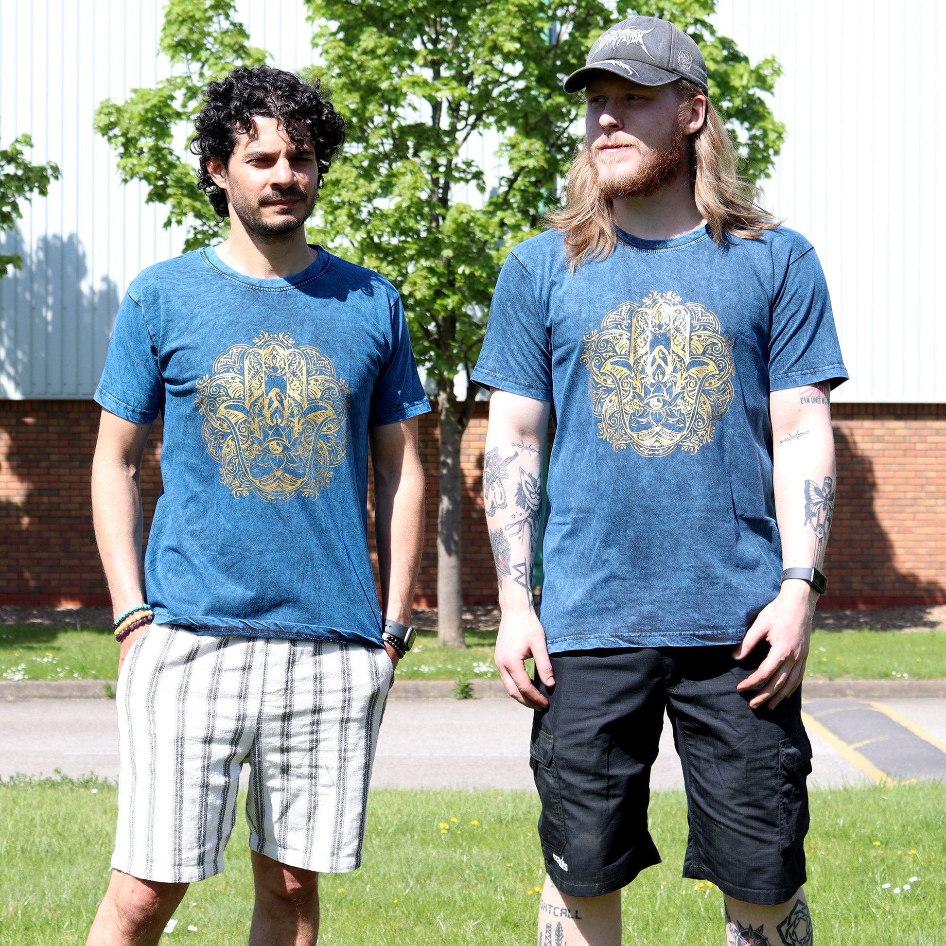 Polished XLarge Stone Washed T-Shirt - Hamsa - Blue featuring natural patterning and unique variations - Positive Faith Hope Love