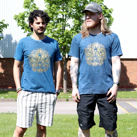 Polished XLarge Stone Washed T-Shirt - Hamsa - Blue featuring natural patterning and unique variations - Positive Faith Hope Love