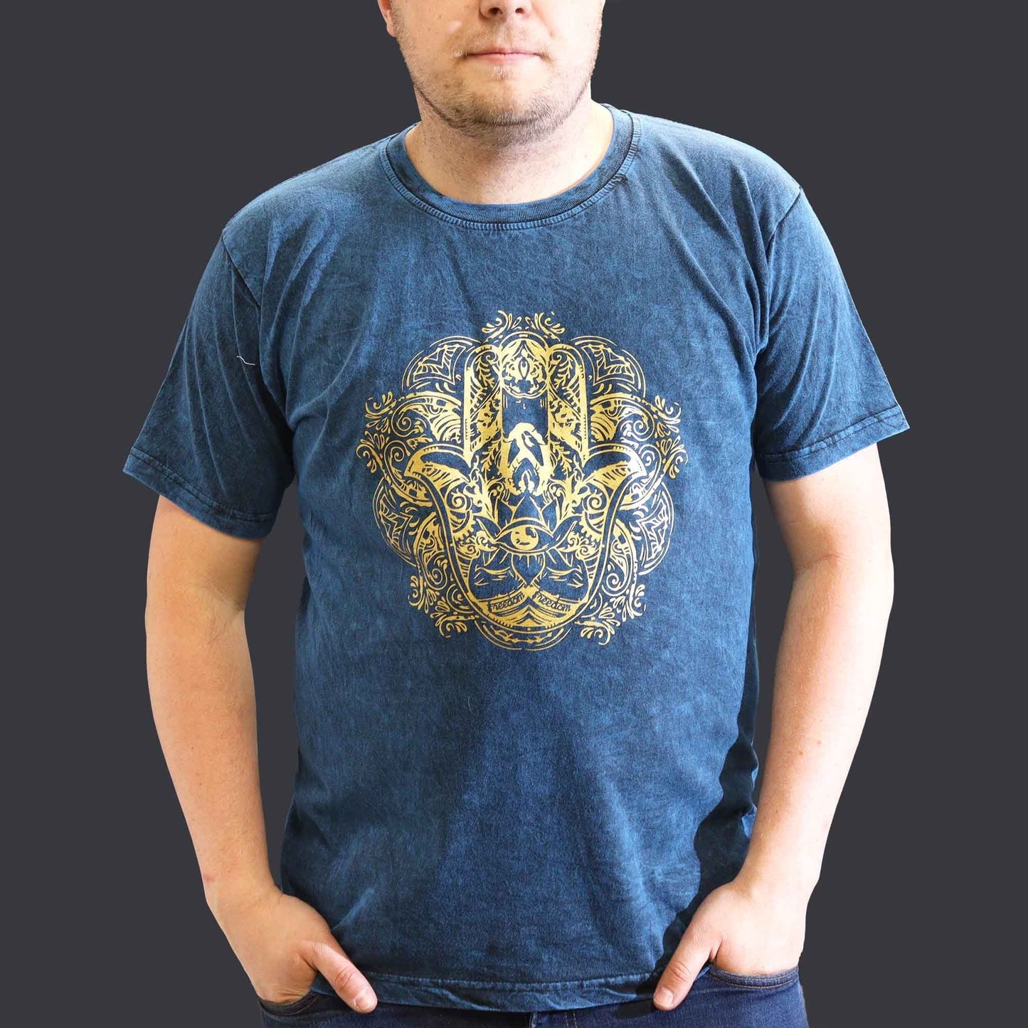 Polished Xlarge Stone Washed T Shirt Hamsa Blue featuring natural patterning and unique variations - Positive Faith Hope Love
