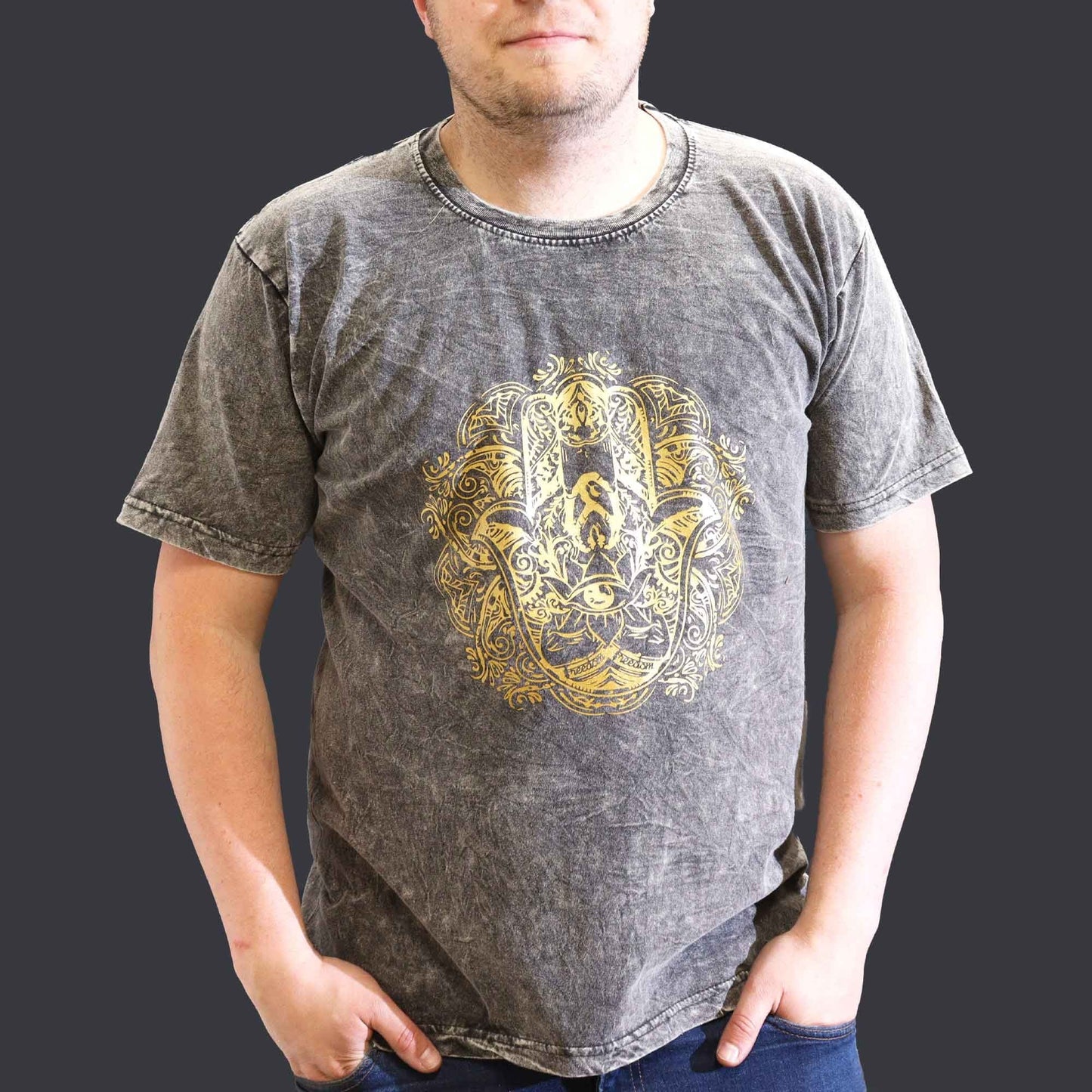 Polished Xlarge Stone Washed T Shirt Hamsa Dark Grey featuring natural patterning and unique variations - Positive Faith Hope Love