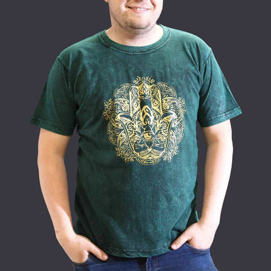 Polished Xlarge Stone Washed T Shirt Hamsa Green featuring natural patterning and unique variations - Positive Faith Hope Love