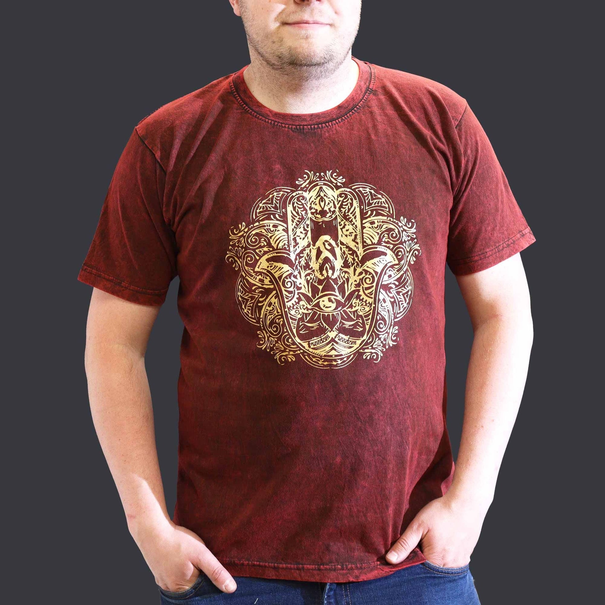 Polished XLarge Stone Washed T-Shirt - Hamsa - Maroon featuring natural patterning and unique variations - Positive Faith Hope Love