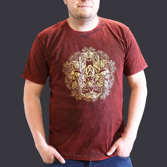 Polished XLarge Stone Washed T-Shirt - Hamsa - Maroon featuring natural patterning and unique variations - Positive Faith Hope Love