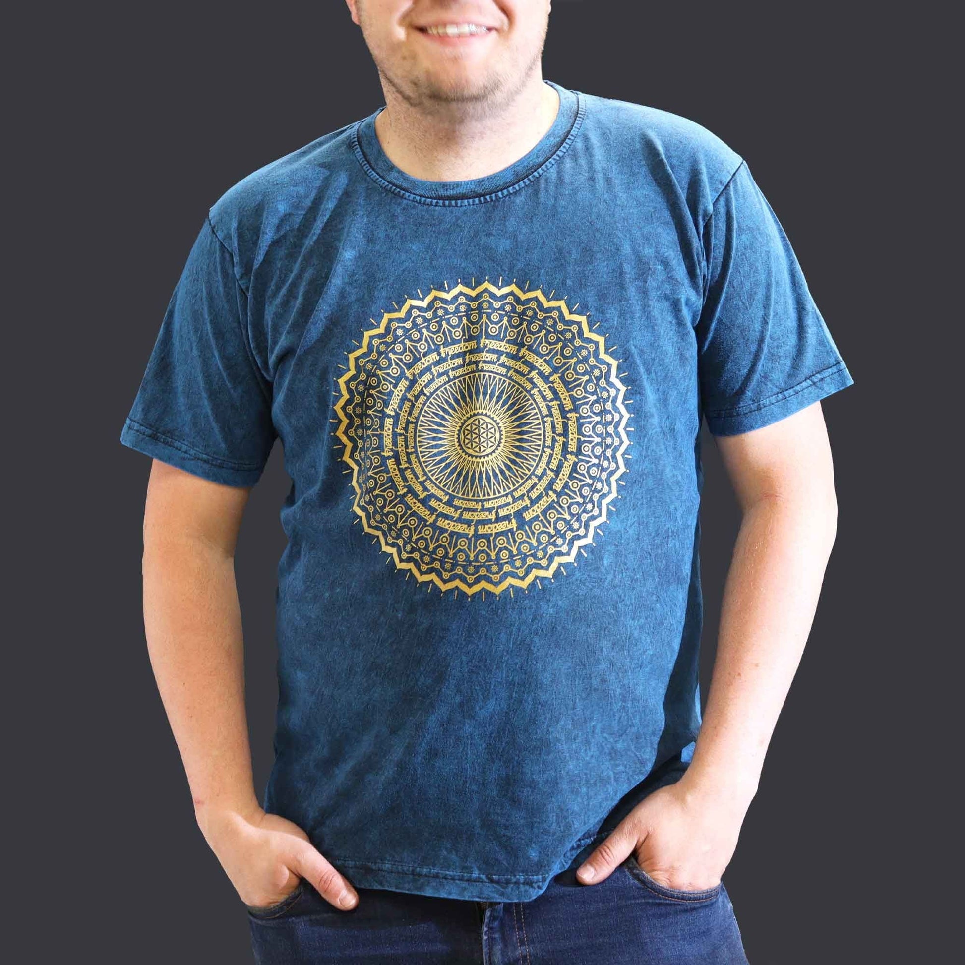 Polished Xlarge Stone Washed T Shirt Mandala Blue featuring natural patterning and unique variations - Positive Faith Hope Love