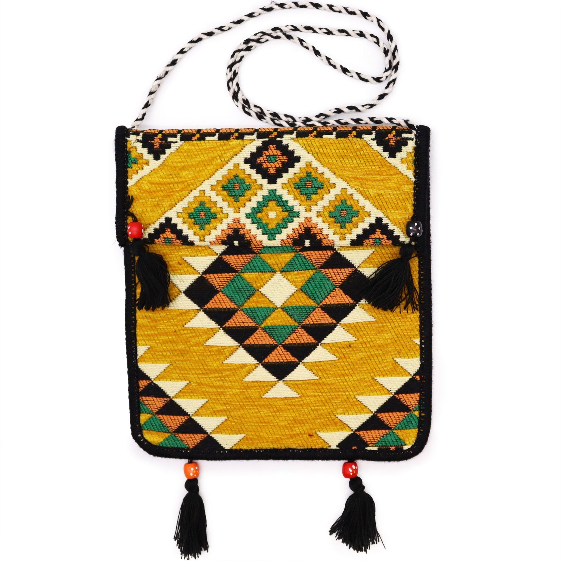 Polished Yellow Kilim Messenger Festival Bag featuring natural patterning and unique variations - Positive Faith Hope Love