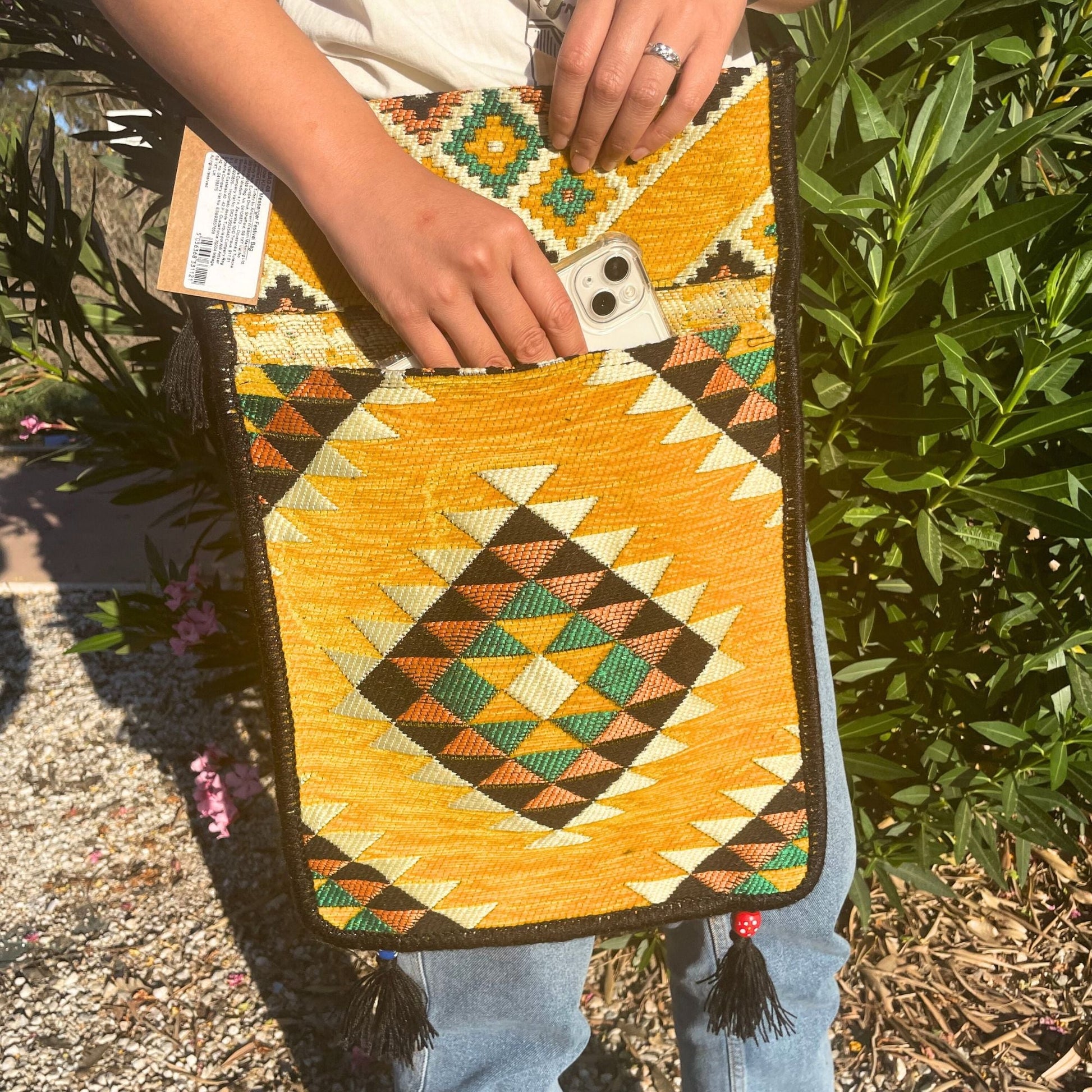 Polished Yellow Kilim Messenger Festival Bag featuring natural patterning and unique variations - Positive Faith Hope Love
