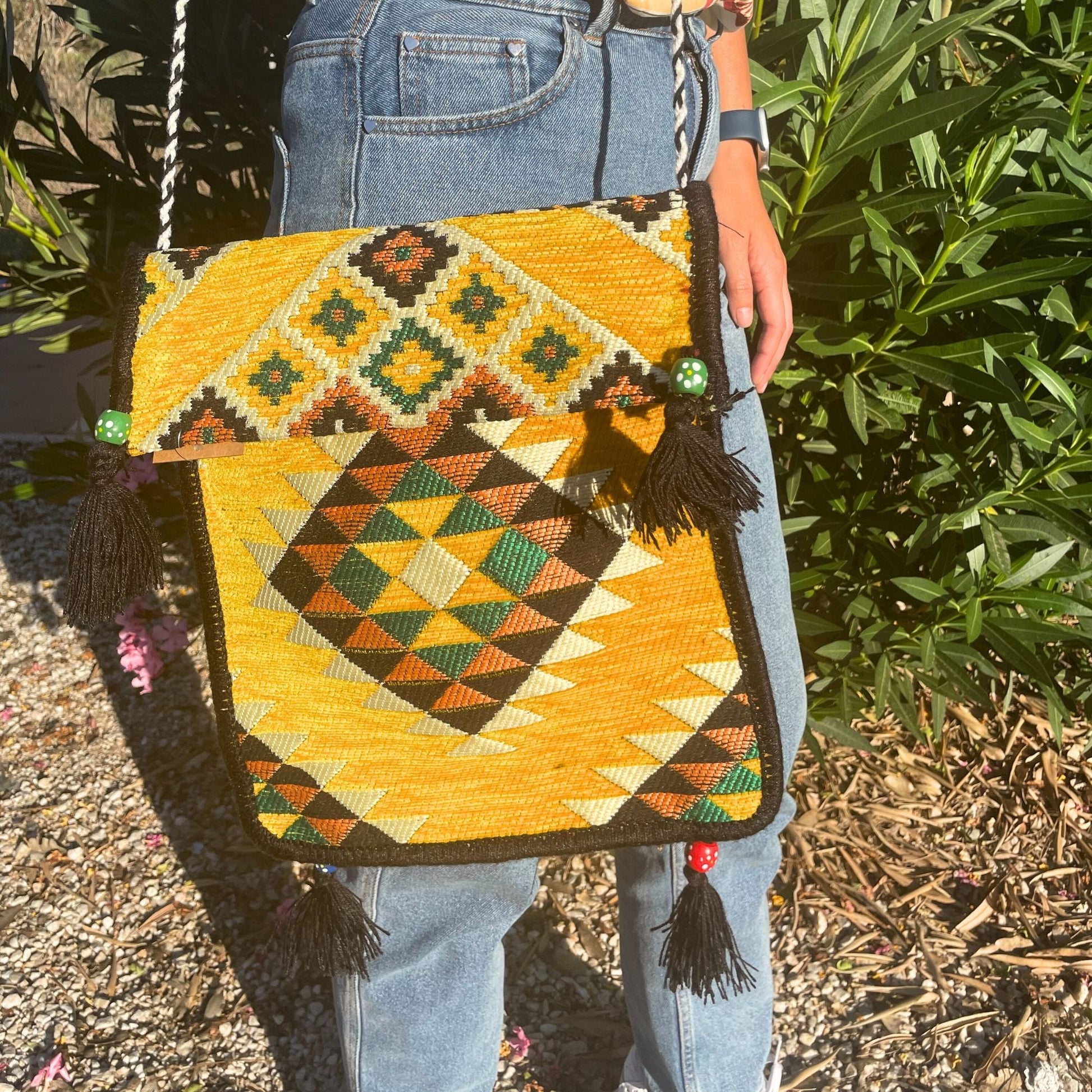 Polished Yellow Kilim Messenger Festival Bag featuring natural patterning and unique variations - Positive Faith Hope Love