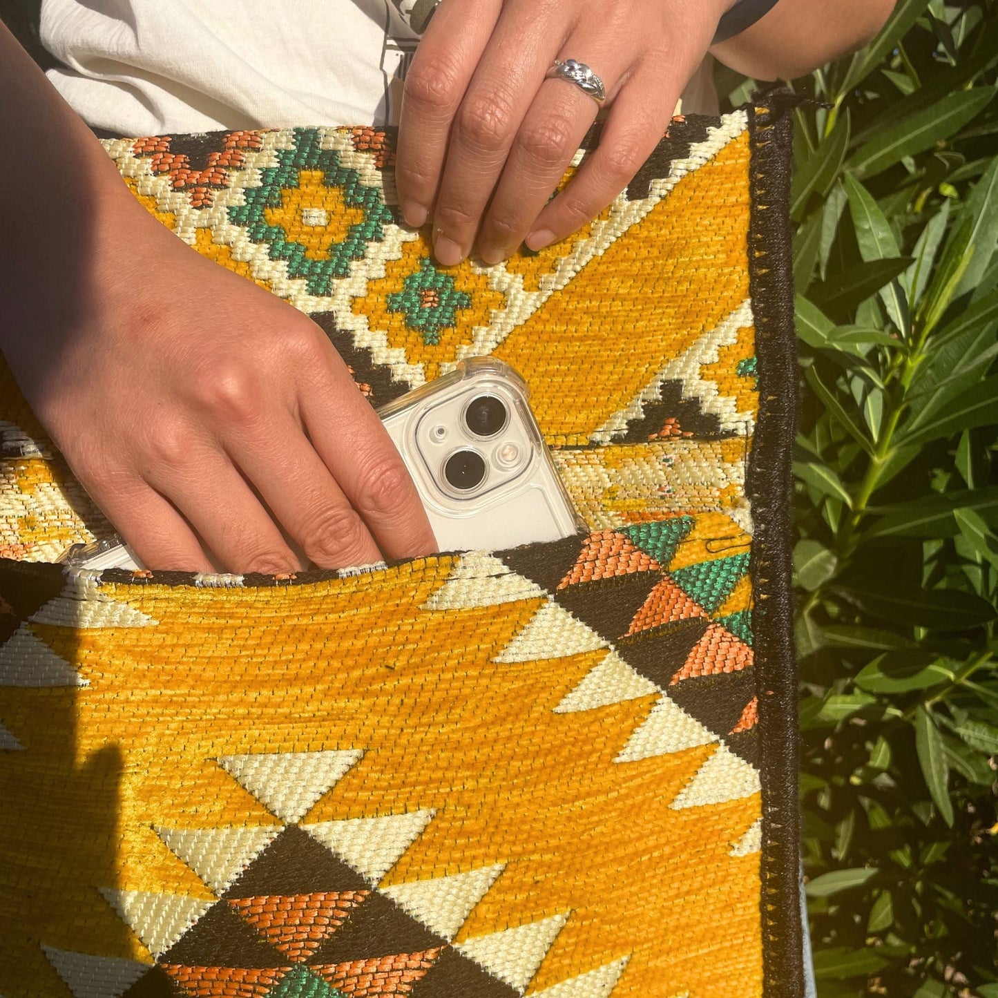 Polished Yellow Kilim Messenger Festival Bag featuring natural patterning and unique variations - Positive Faith Hope Love