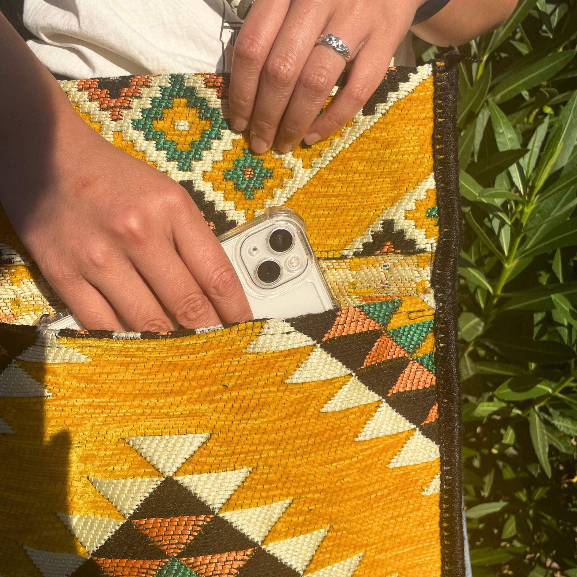 Polished Yellow Kilim Messenger Festival Bag featuring natural patterning and unique variations - Positive Faith Hope Love