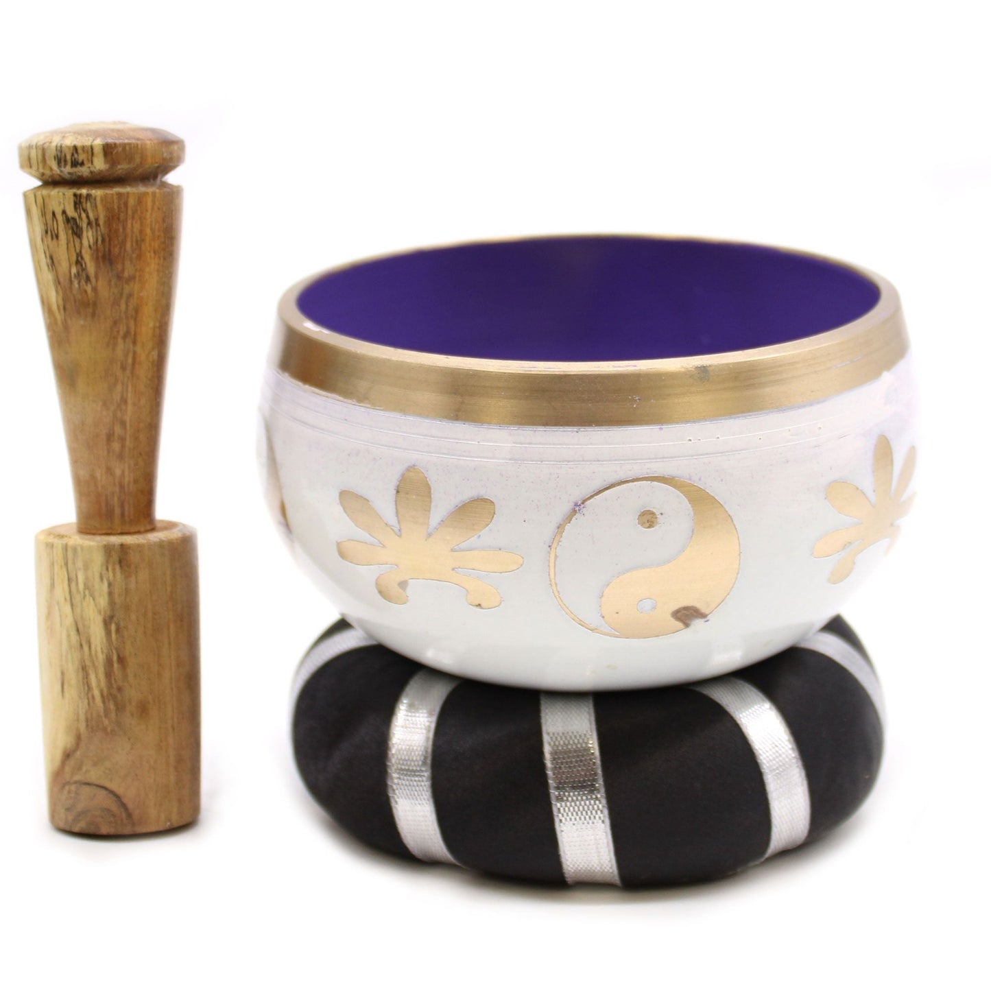 Polished Yin & Yang Singing Bowl Set- White/Purple 10.7cm featuring natural patterning and unique variations - Positive Faith Hope Love