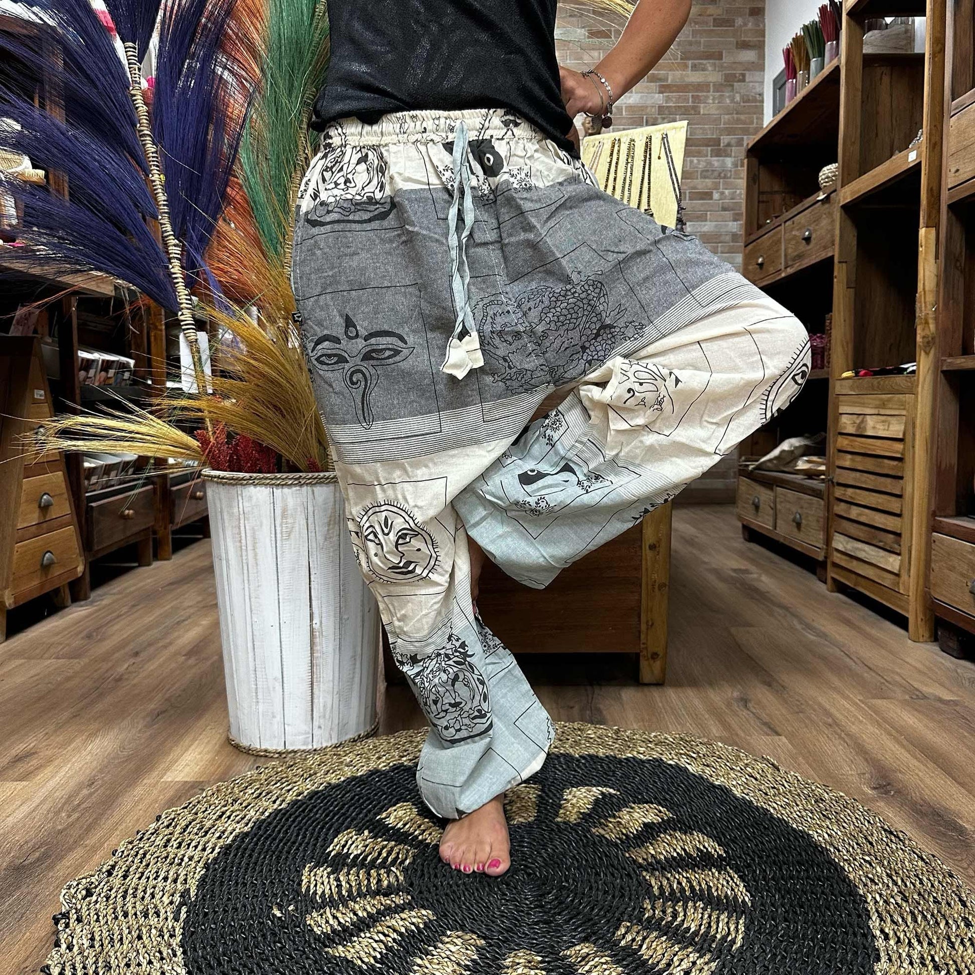 Polished Yoga and Festival Pants - High Cross Himalayan Print on Grey featuring natural patterning and unique variations - Positive Faith Hope Love