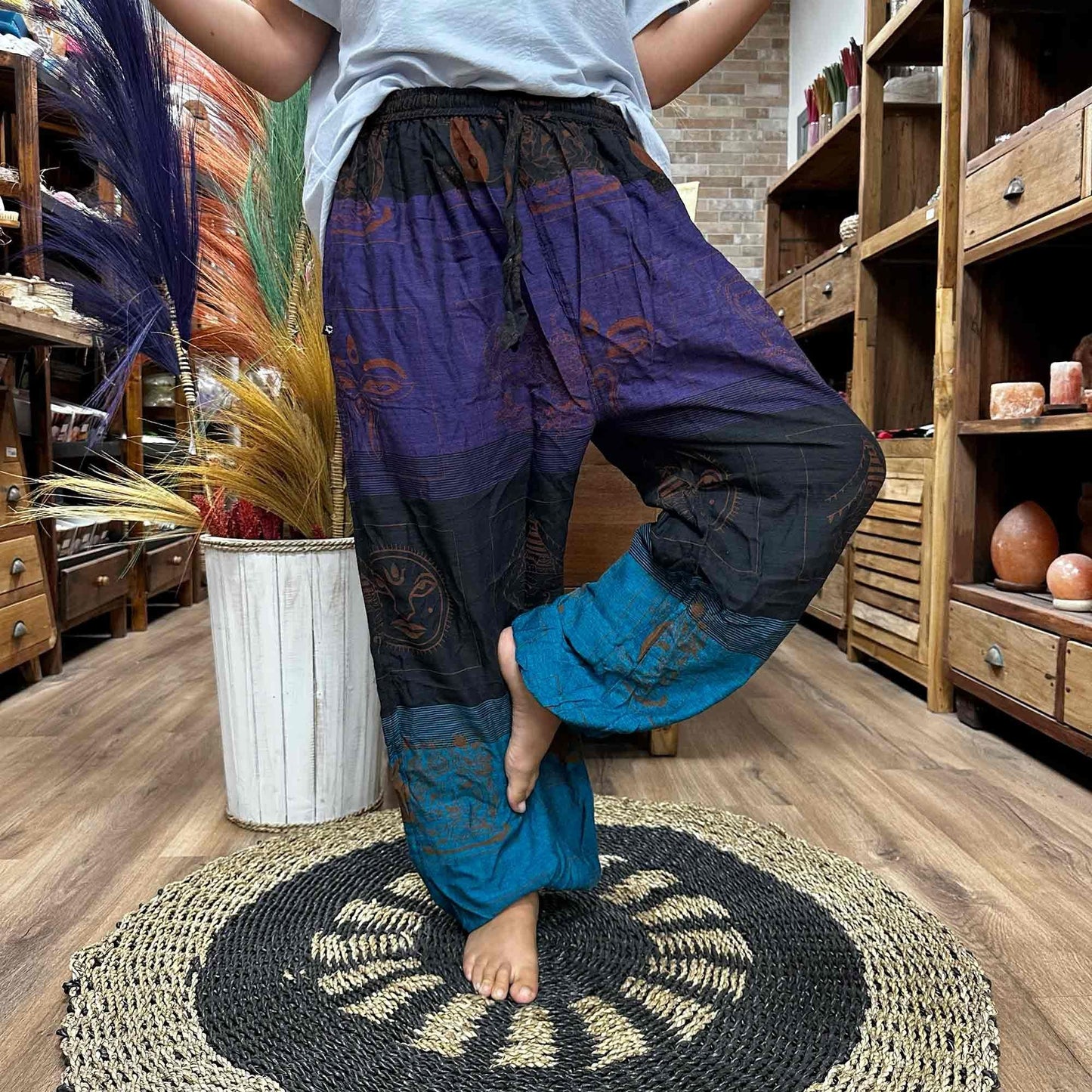 Polished Yoga and Festival Pants - High Cross Himalayan Print on Purple featuring natural patterning and unique variations - Positive Faith Hope Love