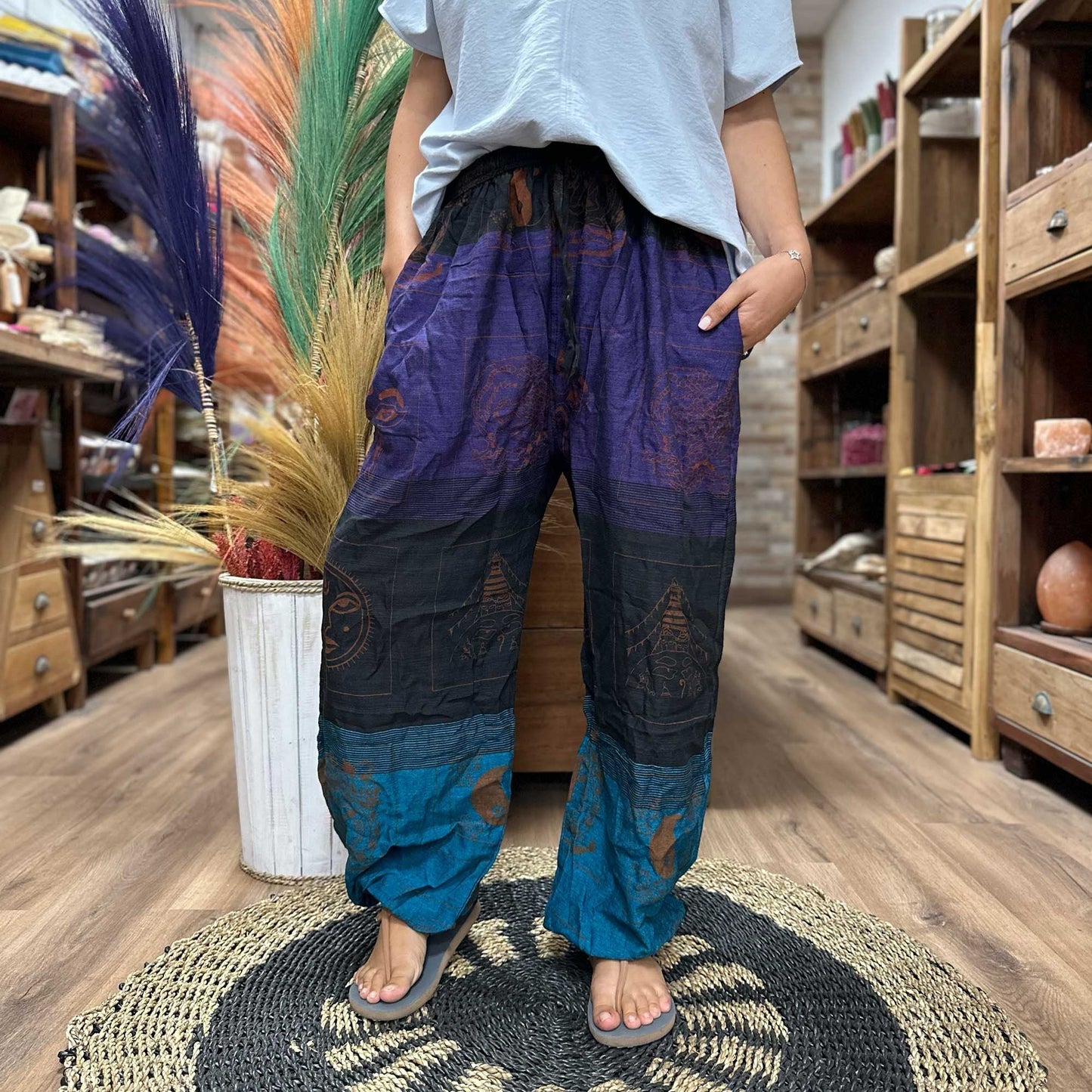 Polished Yoga And Festival Pants High Cross Himalayan Print On Purple 2 featuring natural patterning and unique variations - Positive Faith Hope Love